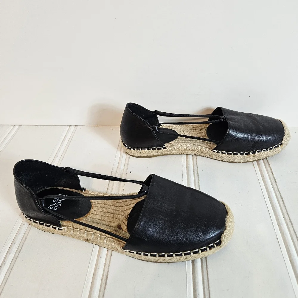 Eileen Fisher Wali Black Leather Espadrilles Women’s 6.5 Slip On Flat Loafers